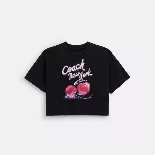 Coach Outlet Airbrushed Cherry Print Cropped T Shirt In Organic Cotton