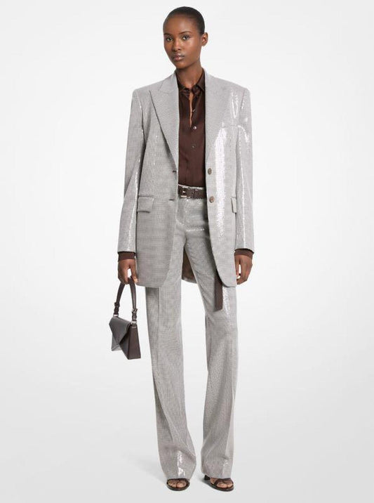 Hand-Embroidered Sequin Dogtooth Stretch Wool Boyfriend Blazer