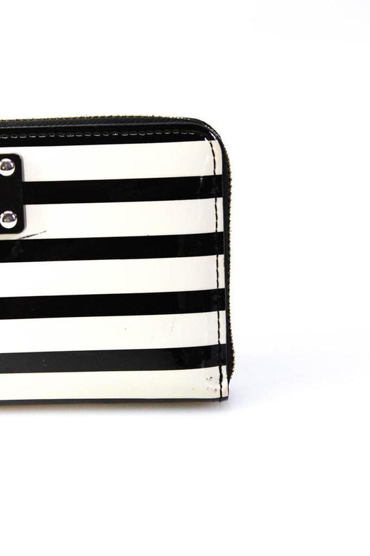Kate Spade New York Womens Patent Leather Striped Wallet White Black