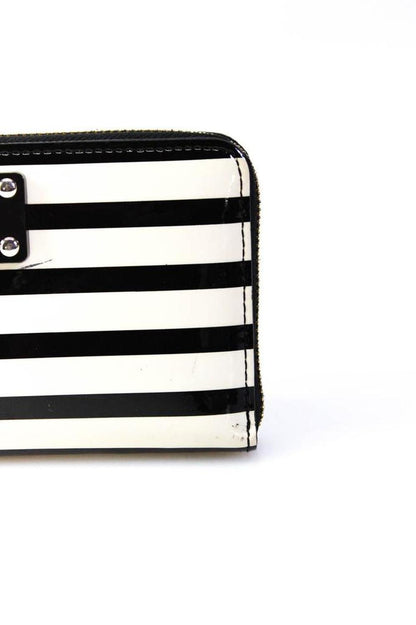 Kate Spade New York Womens Patent Leather Striped Wallet White Black