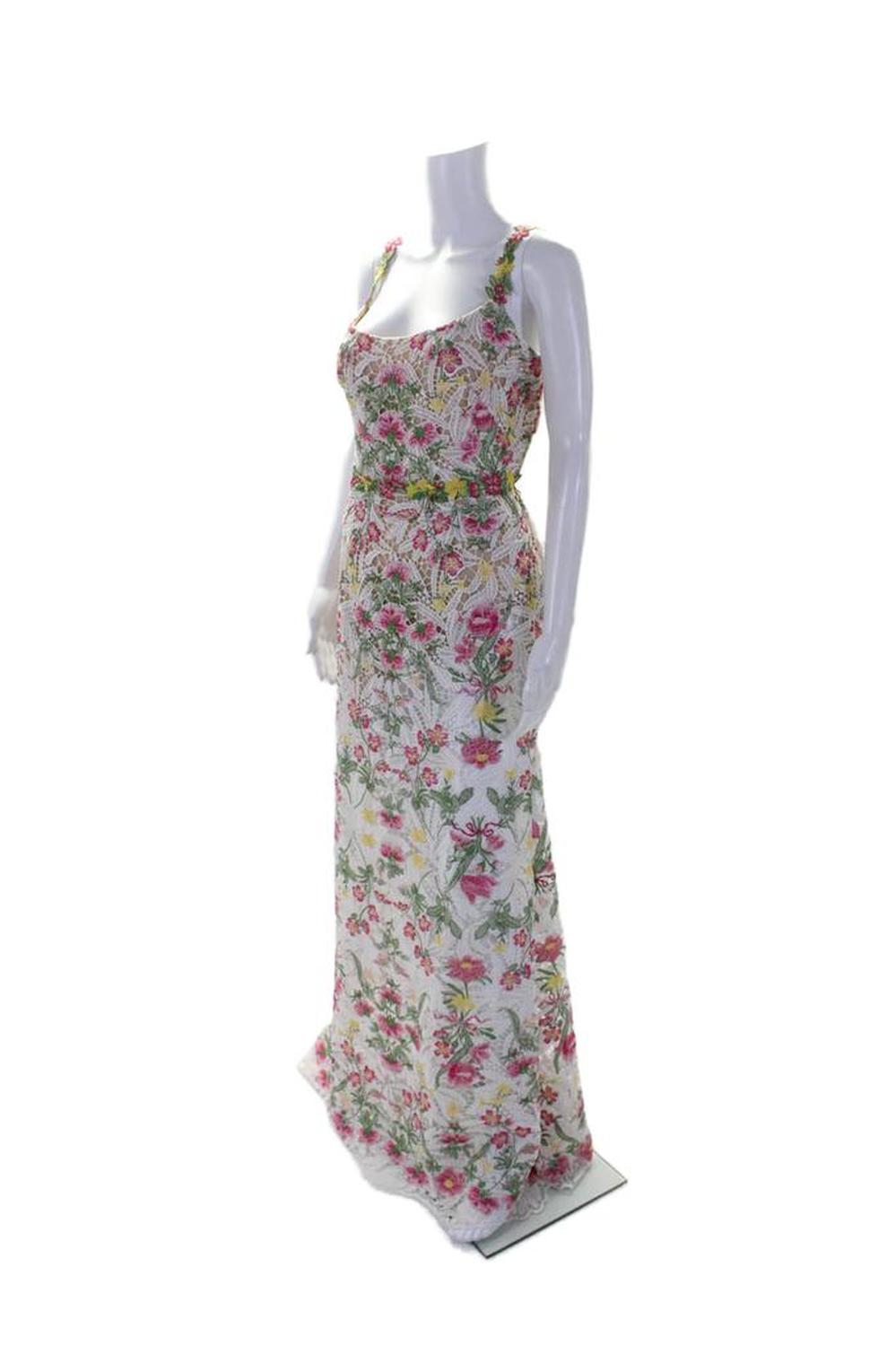 Marchesa Notte Womens White Floral Lace Scoop Neck Sleeveless Gown Dress