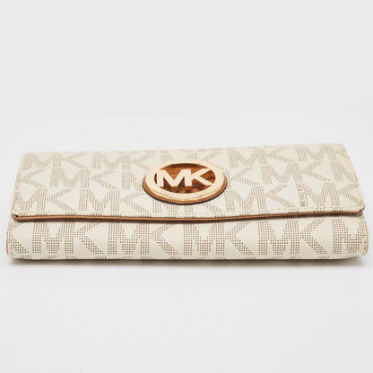 Michael Kors White/brown Signature Coated Canvas And Leather Fulton Continental Wallet