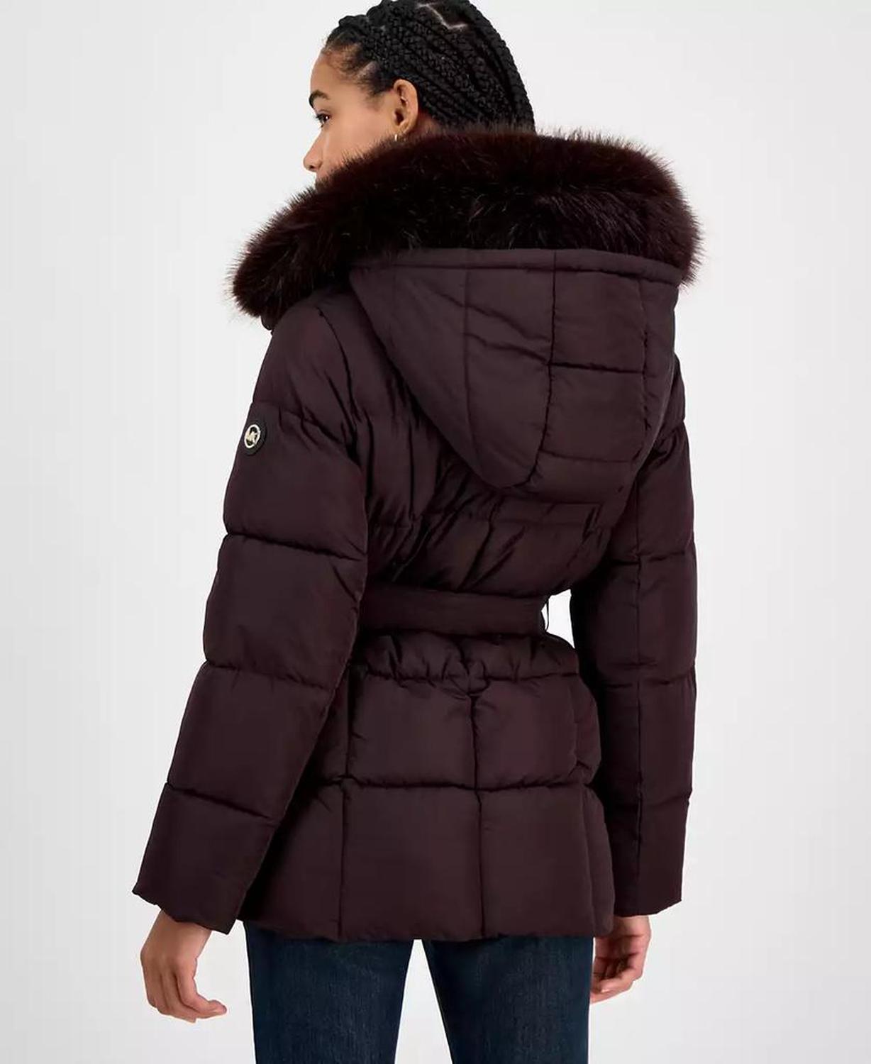 Women's Belted Hooded Faux-Fur-Collar Puffer Coat, Exclusively at Macy's