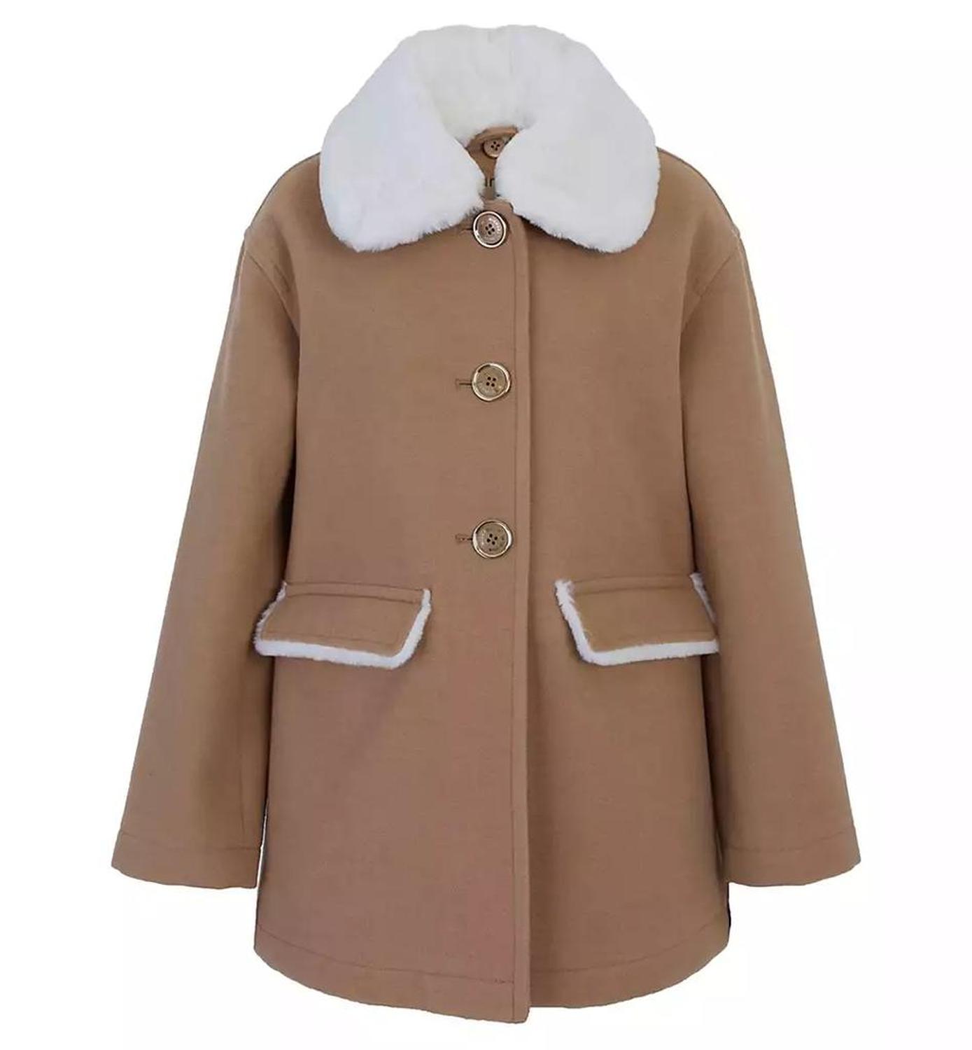 Toddler and Little Girls Faux Wool Hooded Collar Jacket