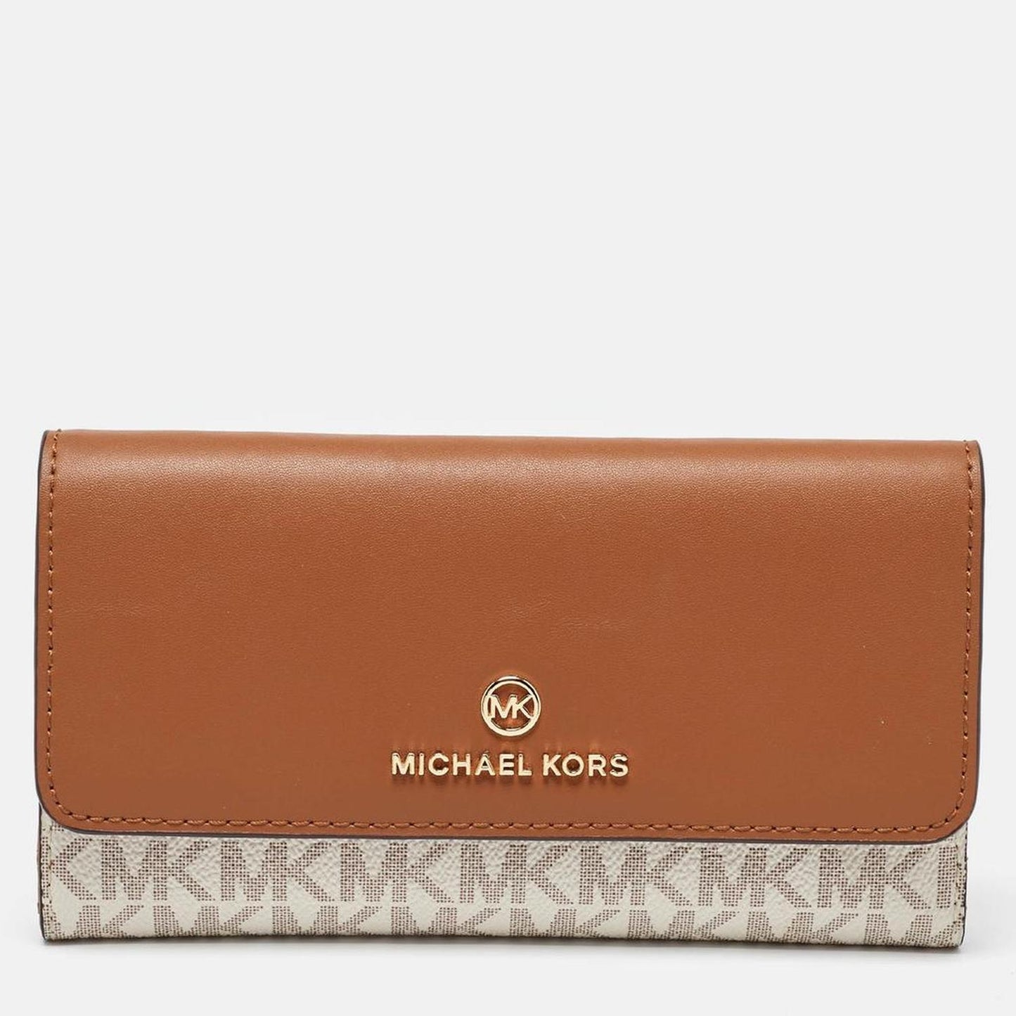 Michael Kors White/tan Coated Canvas And Leather Fulton Continental Wallet