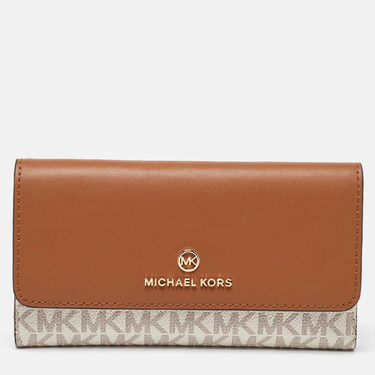 Michael Kors White/tan Coated Canvas And Leather Fulton Continental Wallet