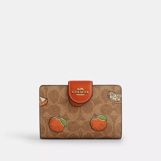 Medium Corner Zip Wallet In Signature Canvas With Orange Print