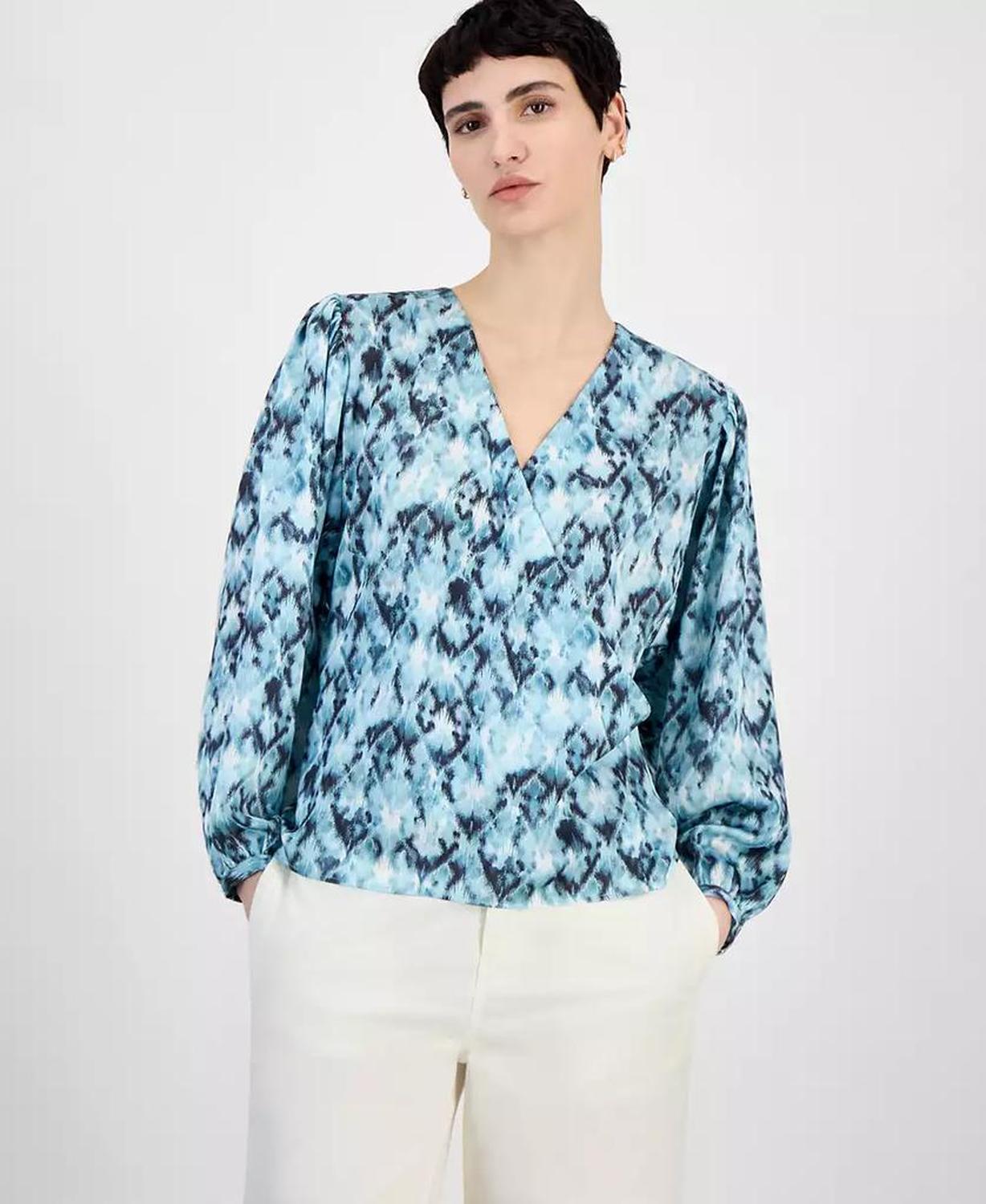 Women's Faux-Wrap Buttoned-Cuff Top