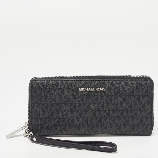 Michael Kors Black/grey Signature Coated Canvas Zip Around Wallet