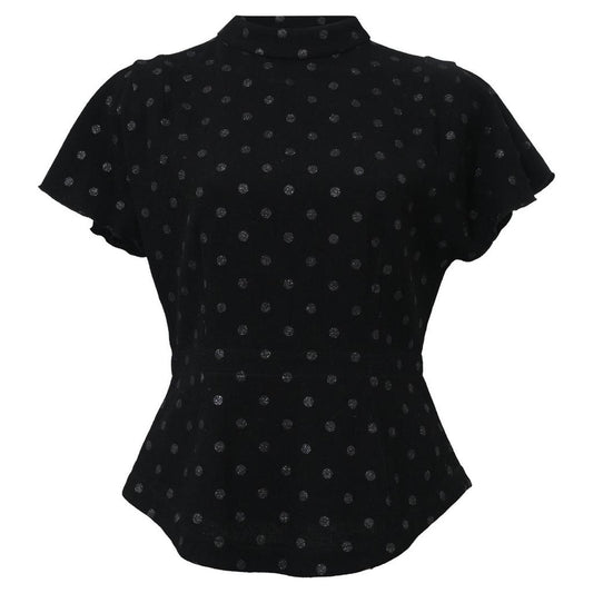 Marc Jacobs Polka Dot Fitted Closed Neck Short Sleeve Top in Black Viscose