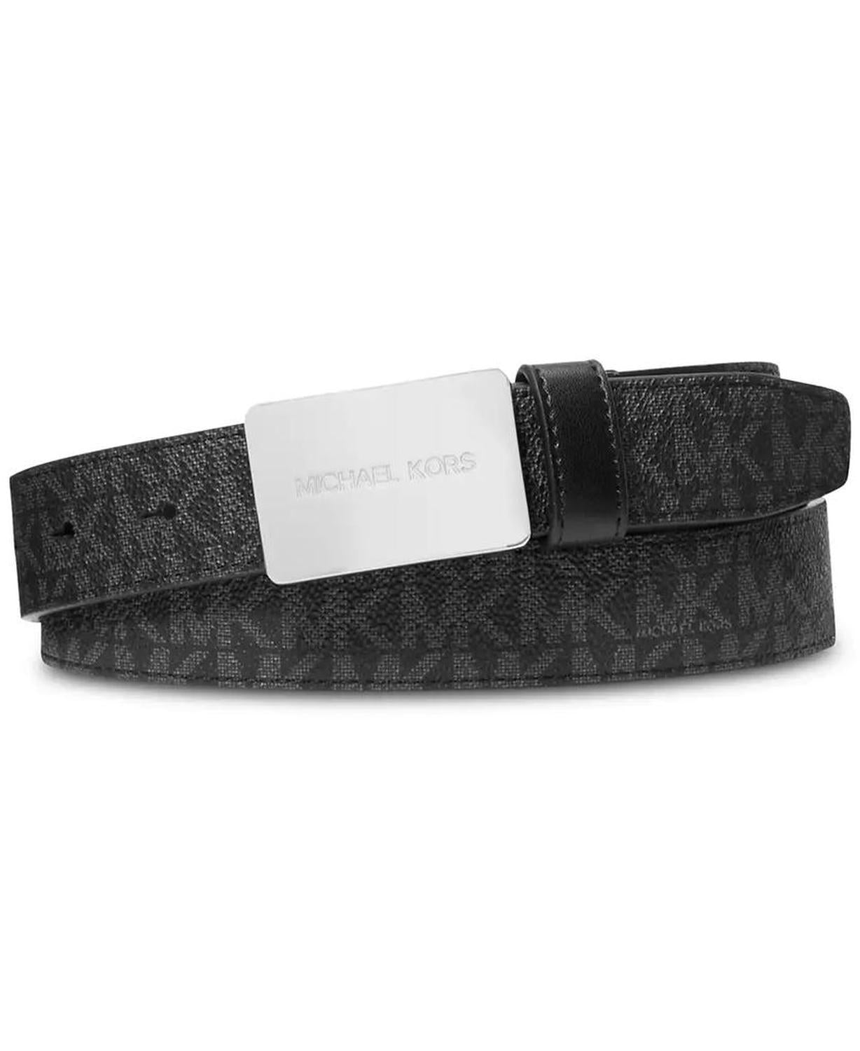 Men's Leather MK Logo Plaque-Buckle Belt