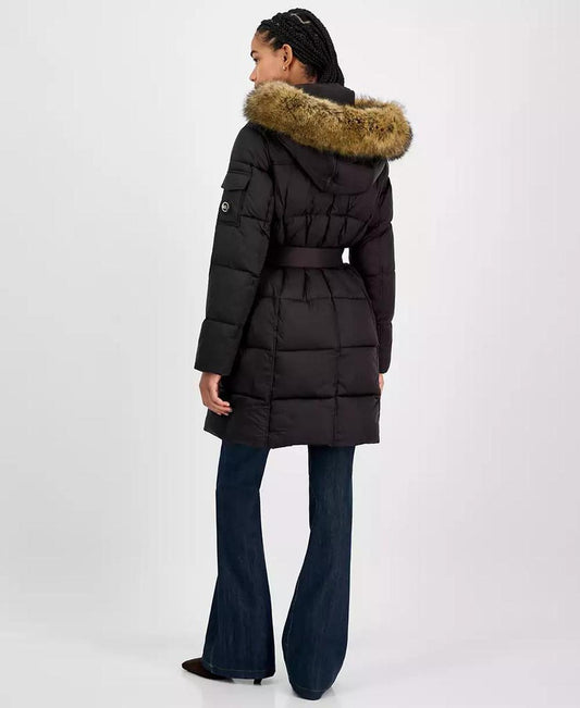 Women's Belted Hooded Faux-Fur-Trim Puffer Coat, Exclusively at Macy's