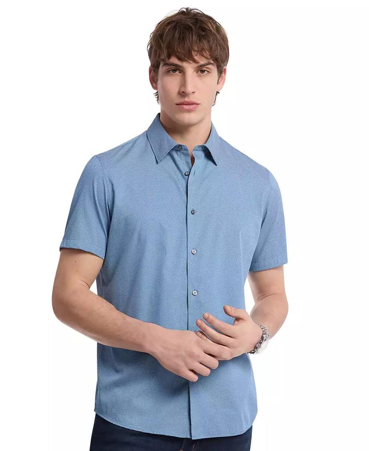 Men's Short Sleeve Mini Bowtie Print Button-Front Shirt