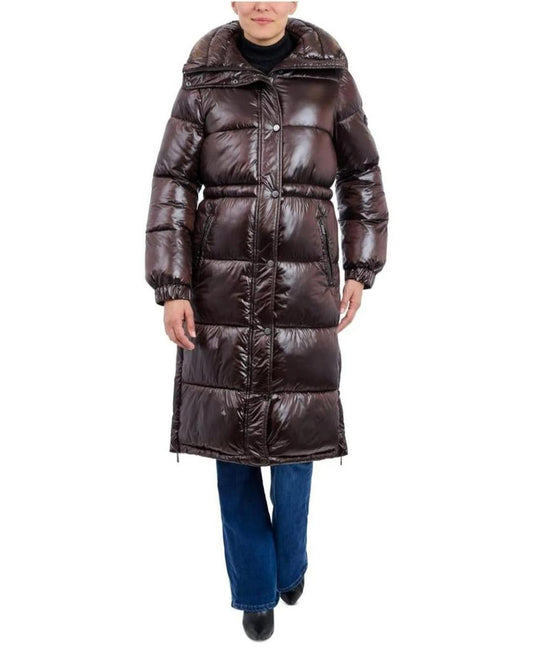 Michael Michael Kors Women's Shiny 3/4 Puffer Coat, Chocolate