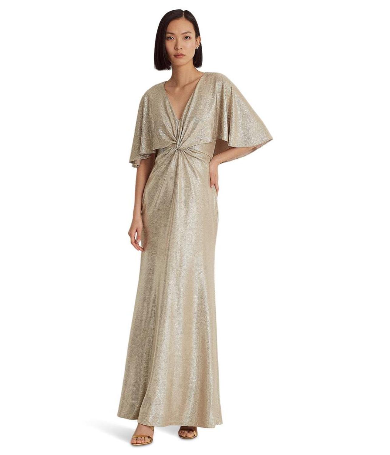 Foil-Print Jersey Cape Gown