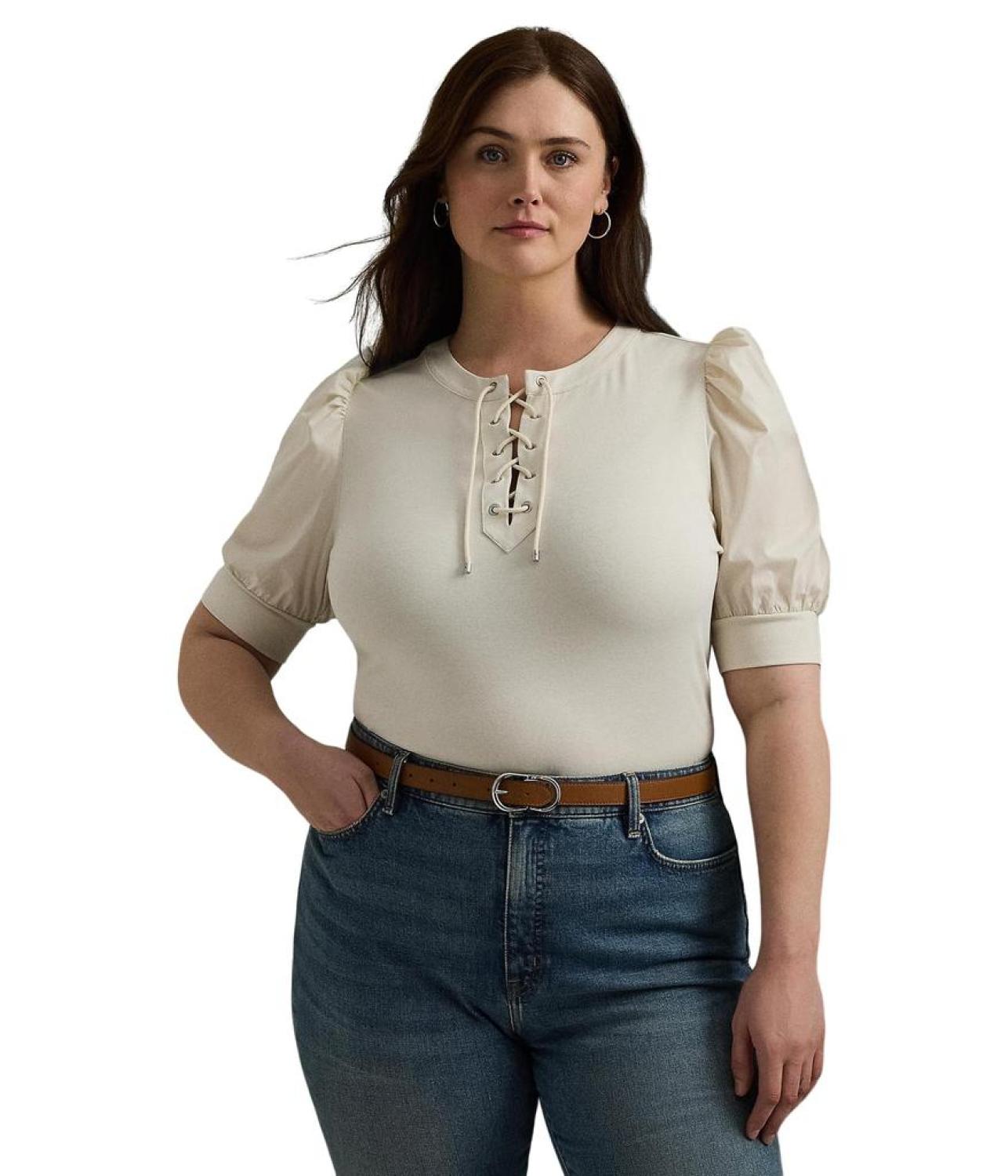 Plus Size Lace-Up Stretch Cotton Puff-Sleeve Top