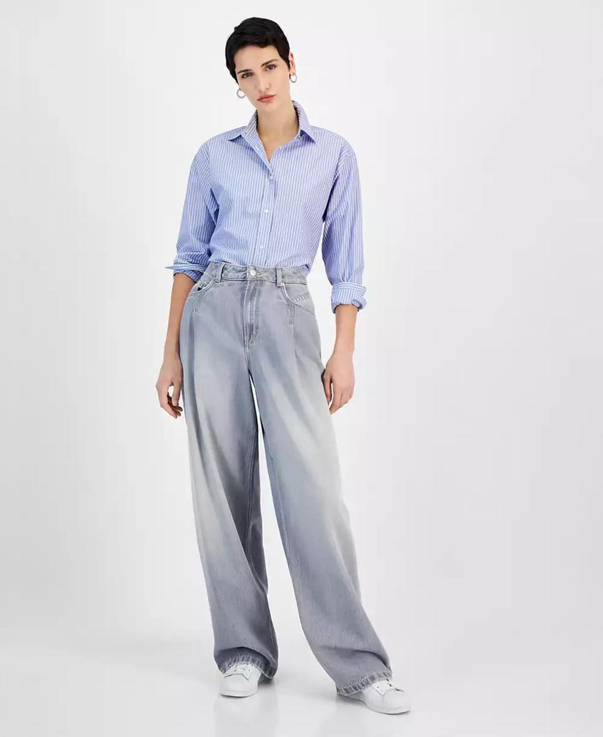 Women's Slouchy Denim Pleated Wide-Leg Pants