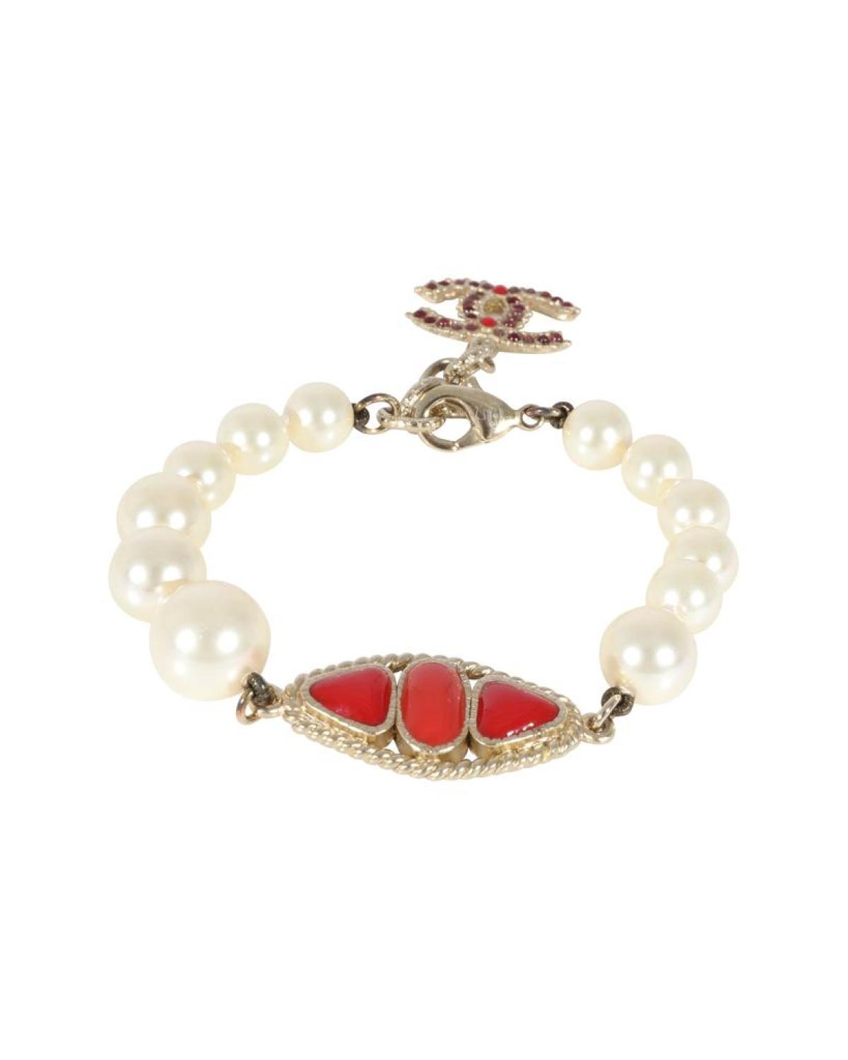 Chanel Faux Pearl & Red Gripoix CC Bracelet