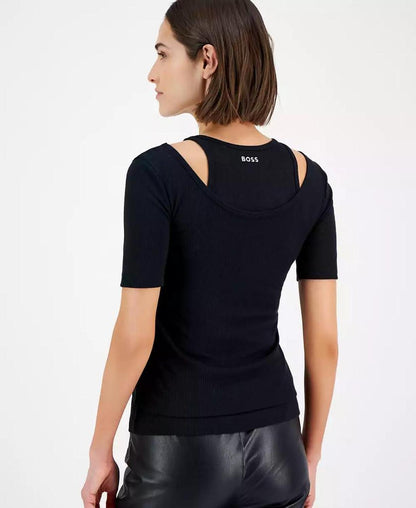 Women's Slim Ribbed Layered-Look Short-Sleeve Top