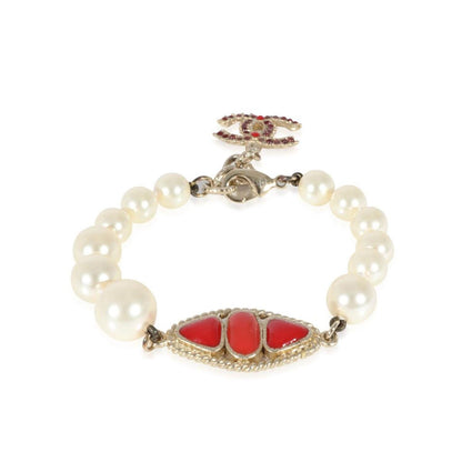 Chanel Faux Pearl & Red Gripoix CC Bracelet