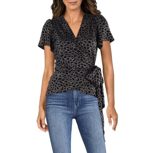 Womens Printed Metallic Wrap Top