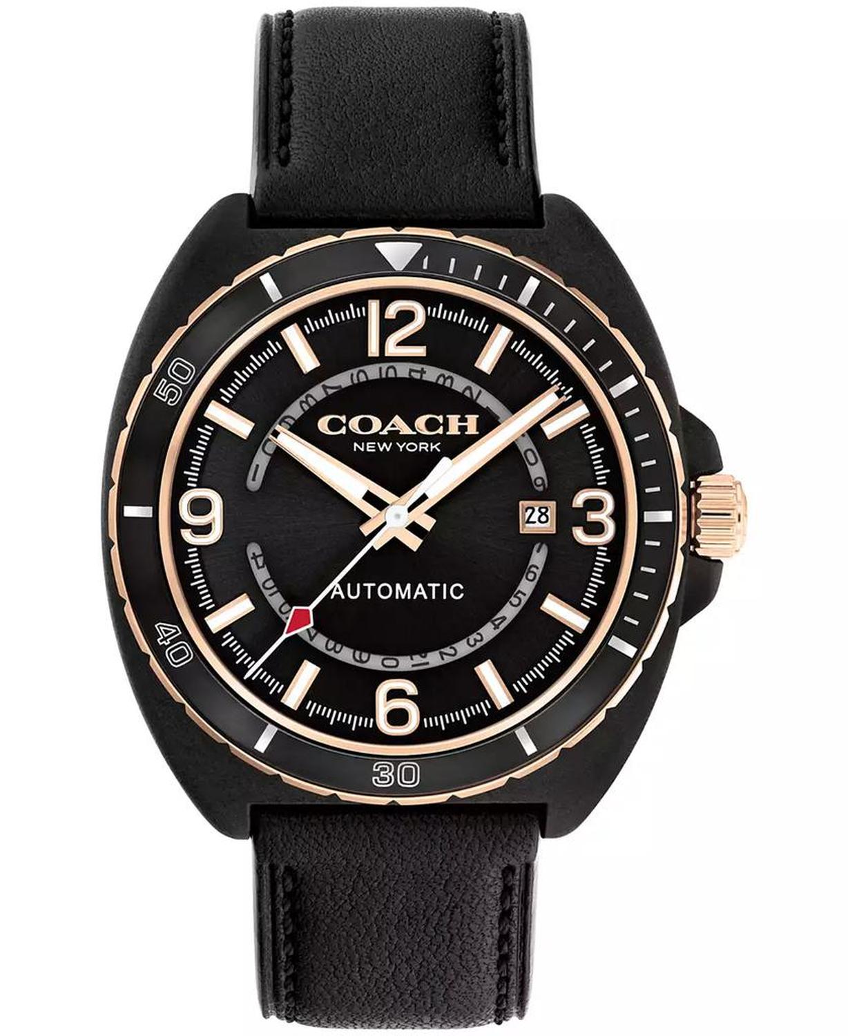 Men's Charter Automatic Black Leather Strap Watch, 44.5mm