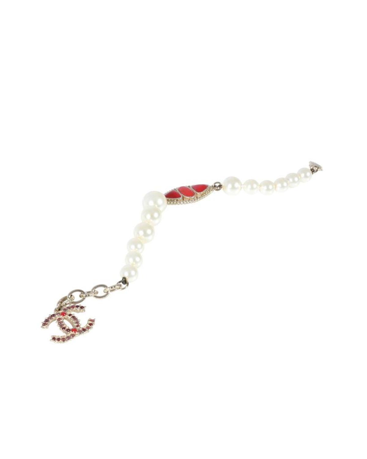 Chanel Faux Pearl & Red Gripoix CC Bracelet