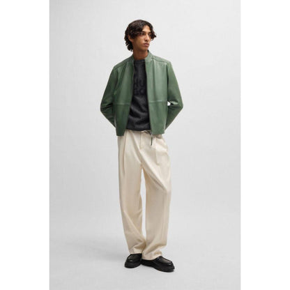 Slim-fit jacket in leather with stand collar