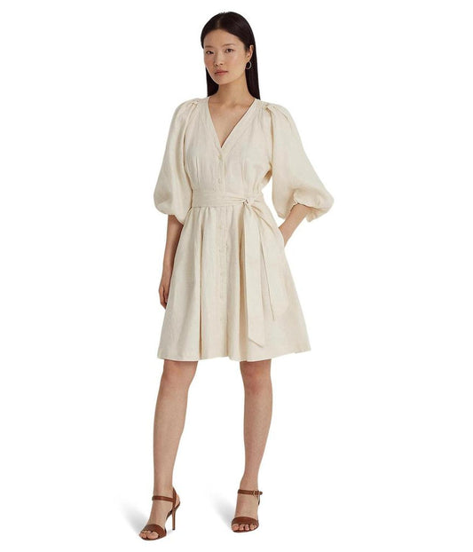 Belted Linen Bubble-Sleeve Dress