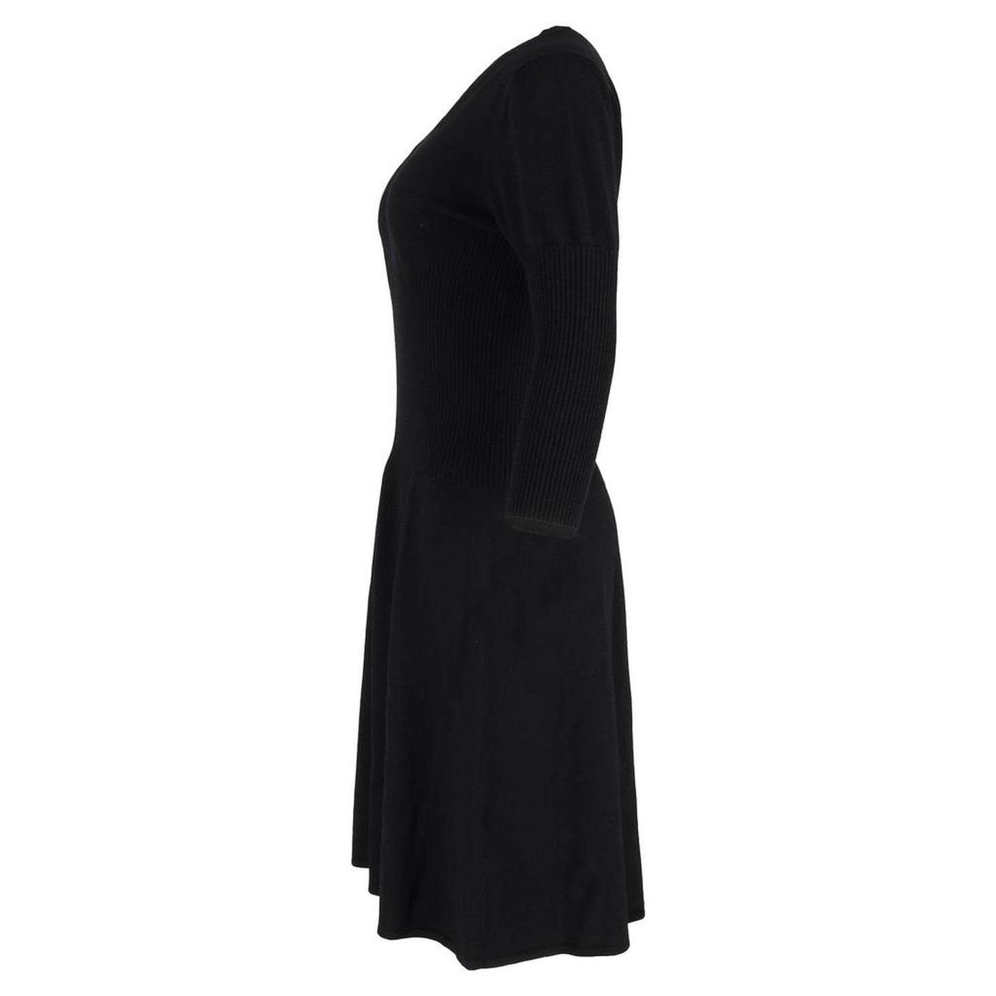 V-Neck 3/4 Sleeve Midi Dress in Black Wool