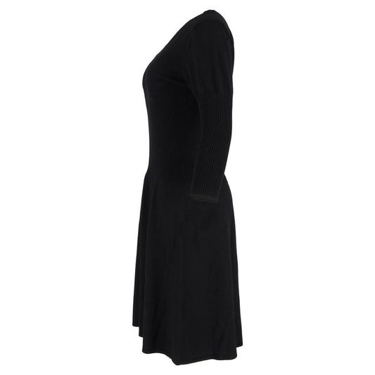 V-Neck 3/4 Sleeve Midi Dress in Black Wool