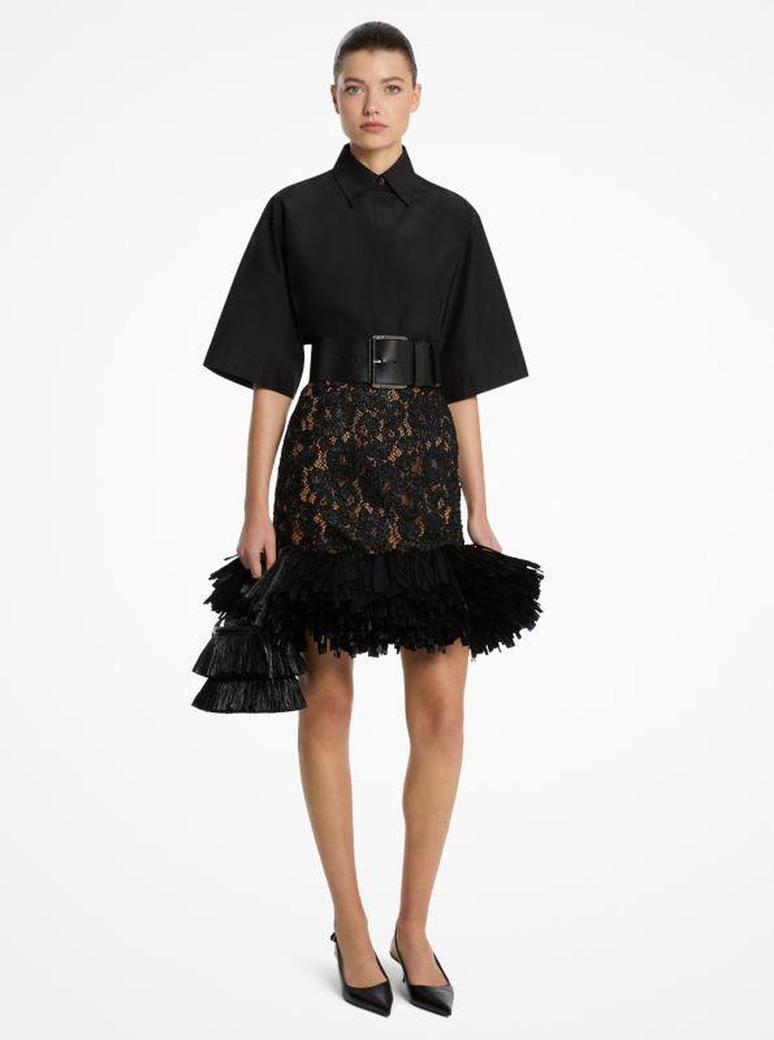 Hand-Embroidered Floral Lace and Fringe Skirt