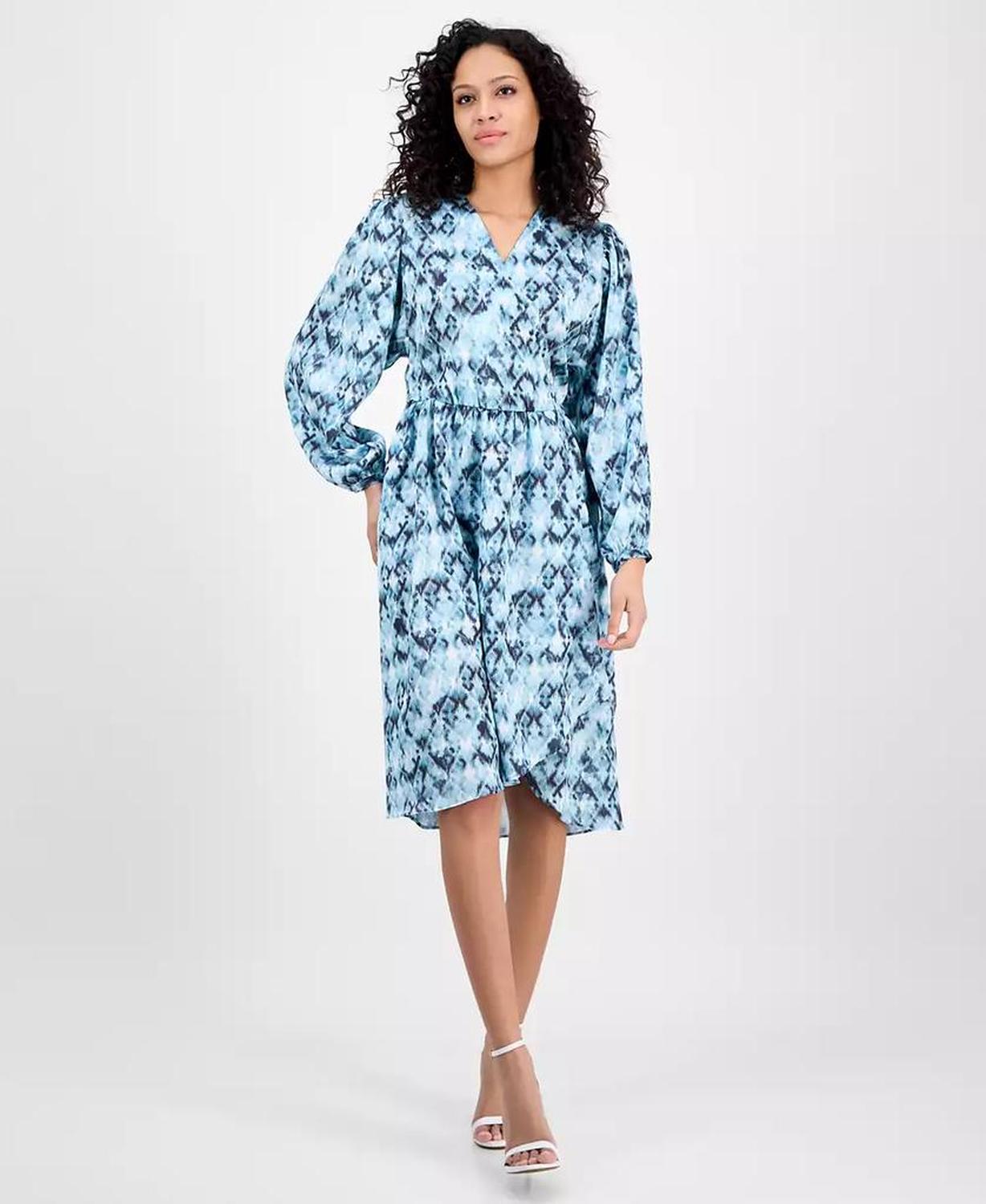 Women's Printed Blouson-Sleeve Midi Dress