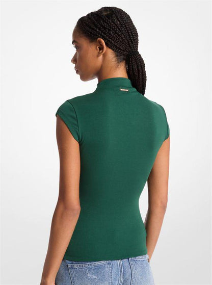 Stretch Cotton Blend Funnel-Neck Top