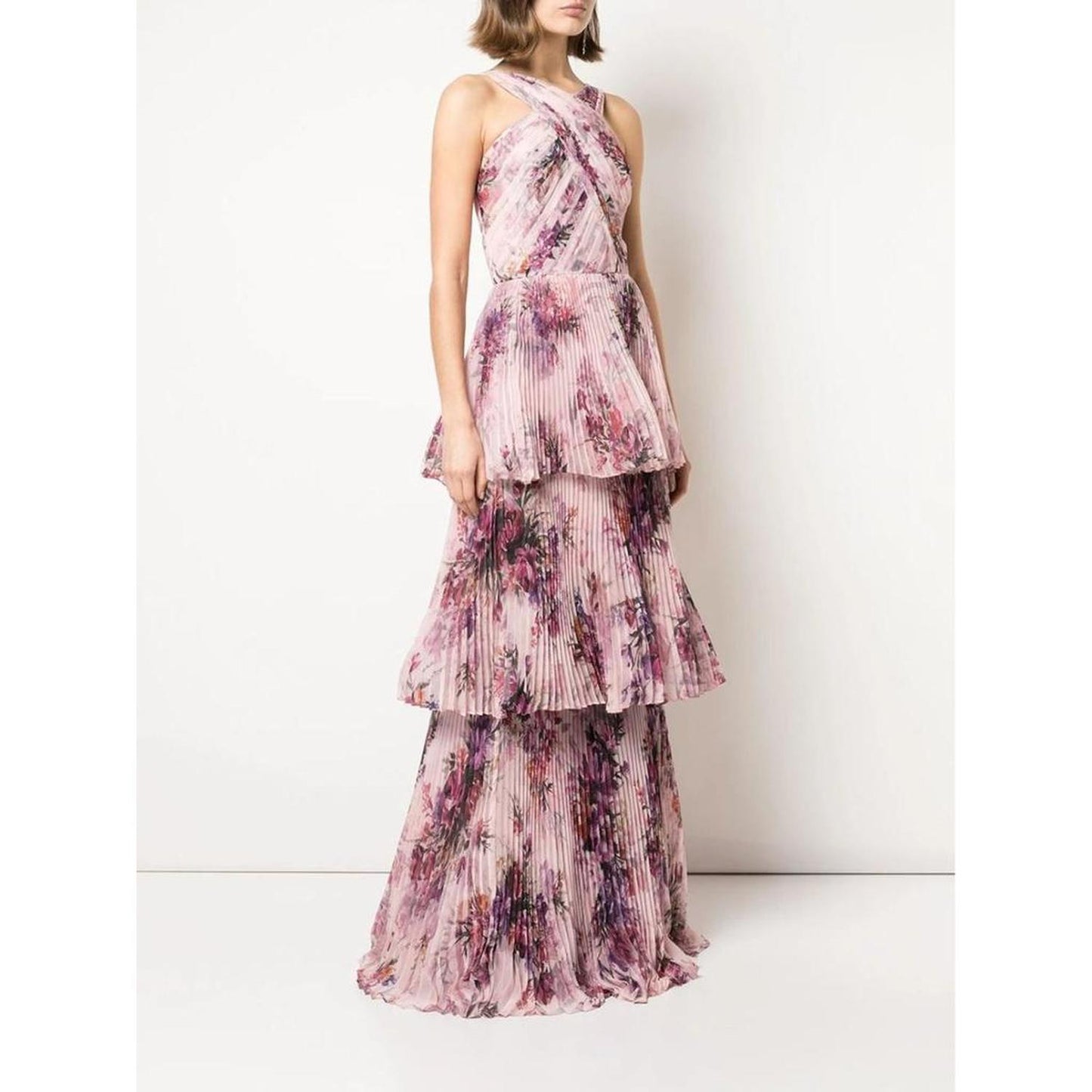 Pleated Chiffon Tiered Halter Gown