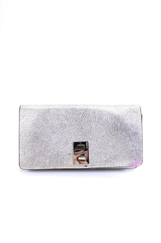 Michael Kors Womens Metallic Grain Leather Flap Wallet Silver Tone