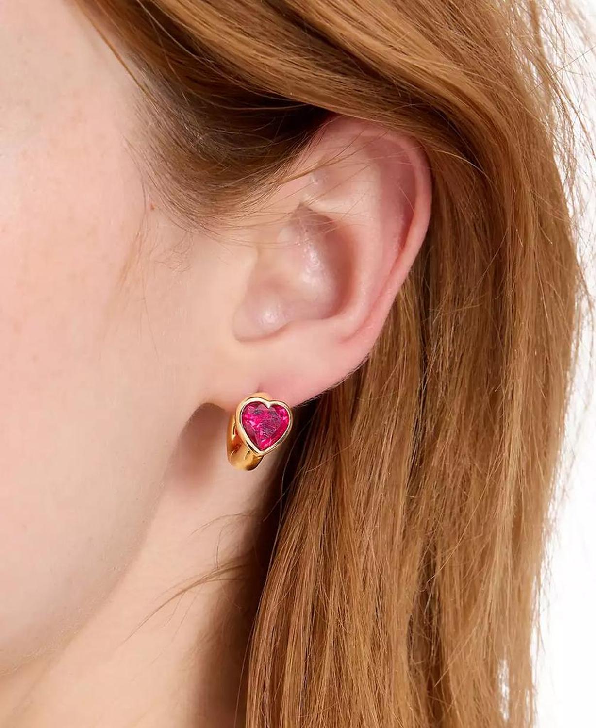 Gold-Tone Small Cubic Zirconia Heart Huggie Hoop Earrings, 0.51"