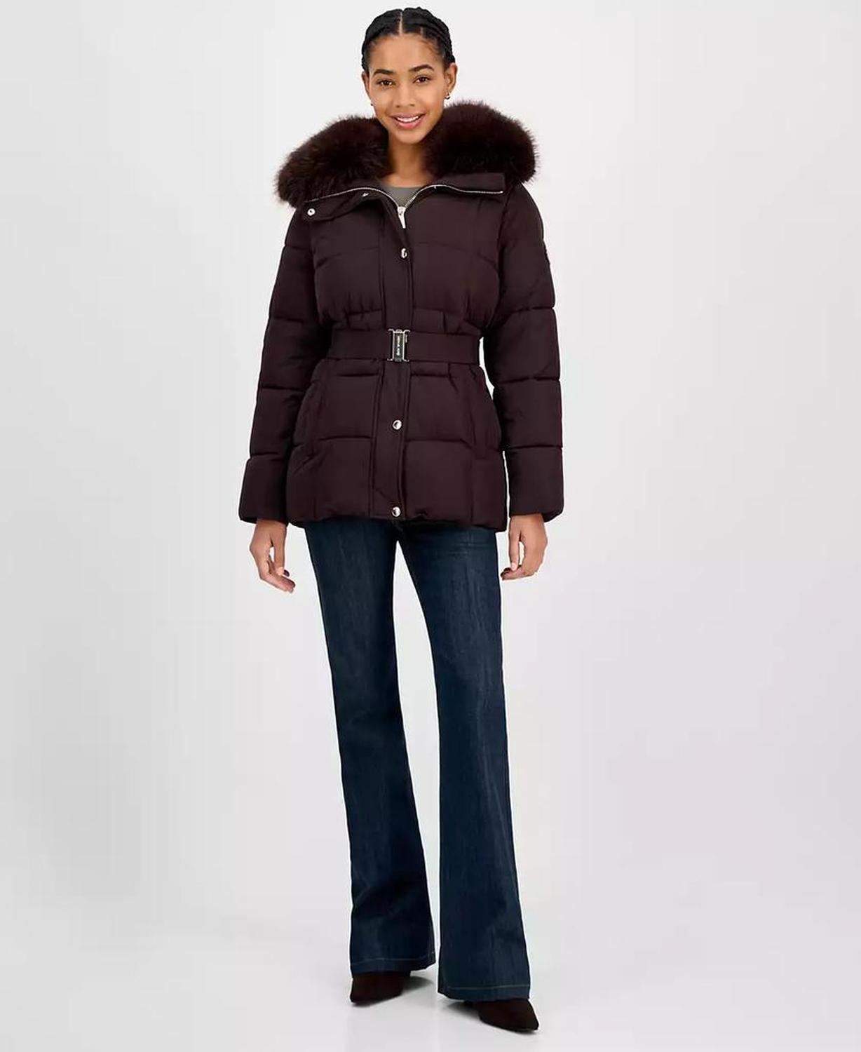 Women's Belted Hooded Faux-Fur-Collar Puffer Coat, Exclusively at Macy's
