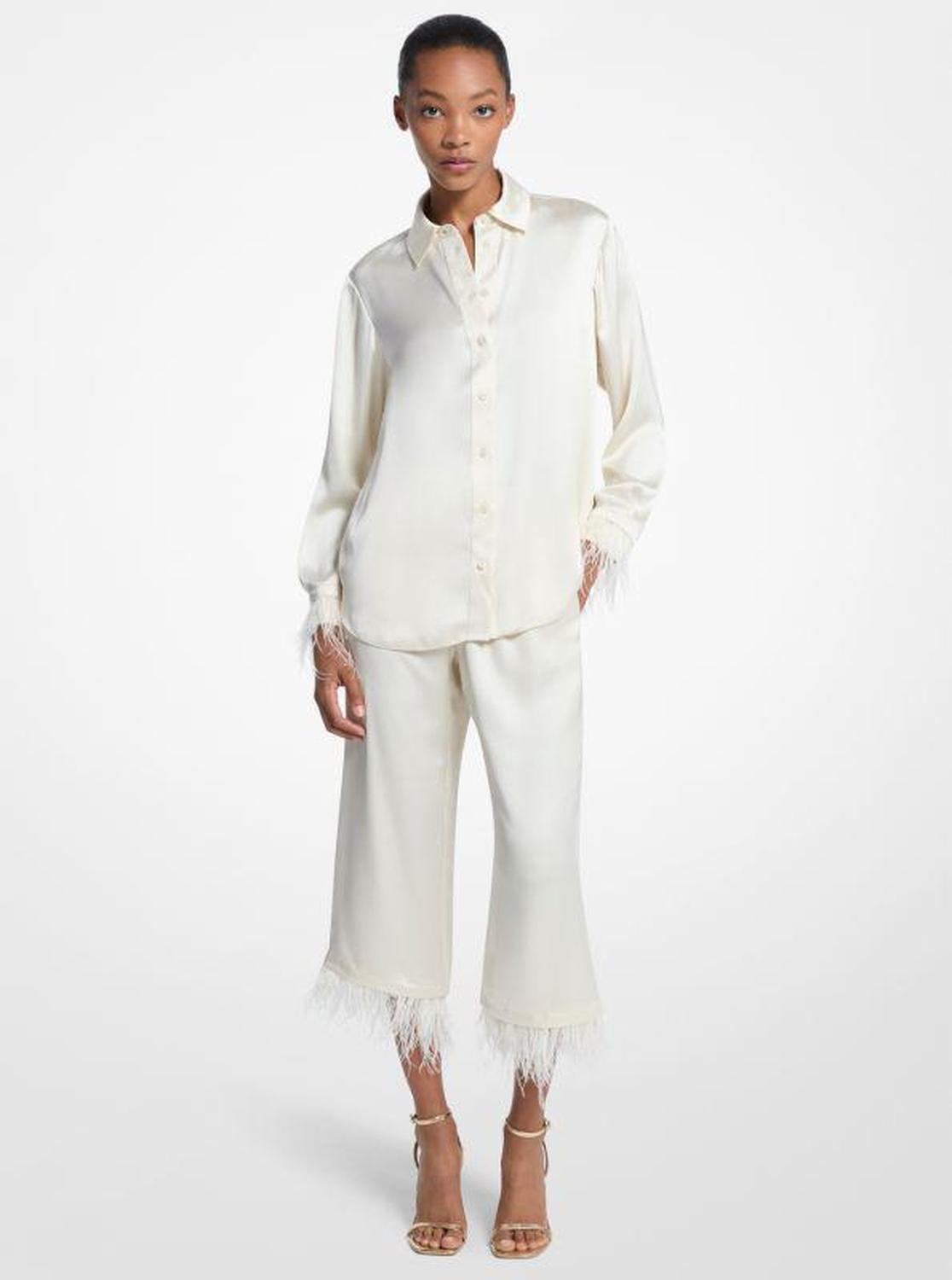 Feather Trim Satin Pajama Shirt