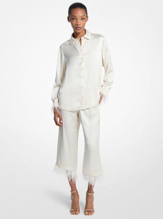 Feather Trim Satin Pajama Shirt