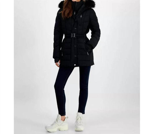 Belted Faux-Fur-Trim Hooded Puffer Coat In Black