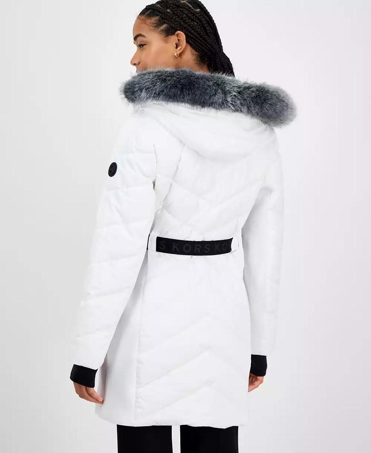 Women's Faux-Fur-Trim Hooded Belted Puffer Coat