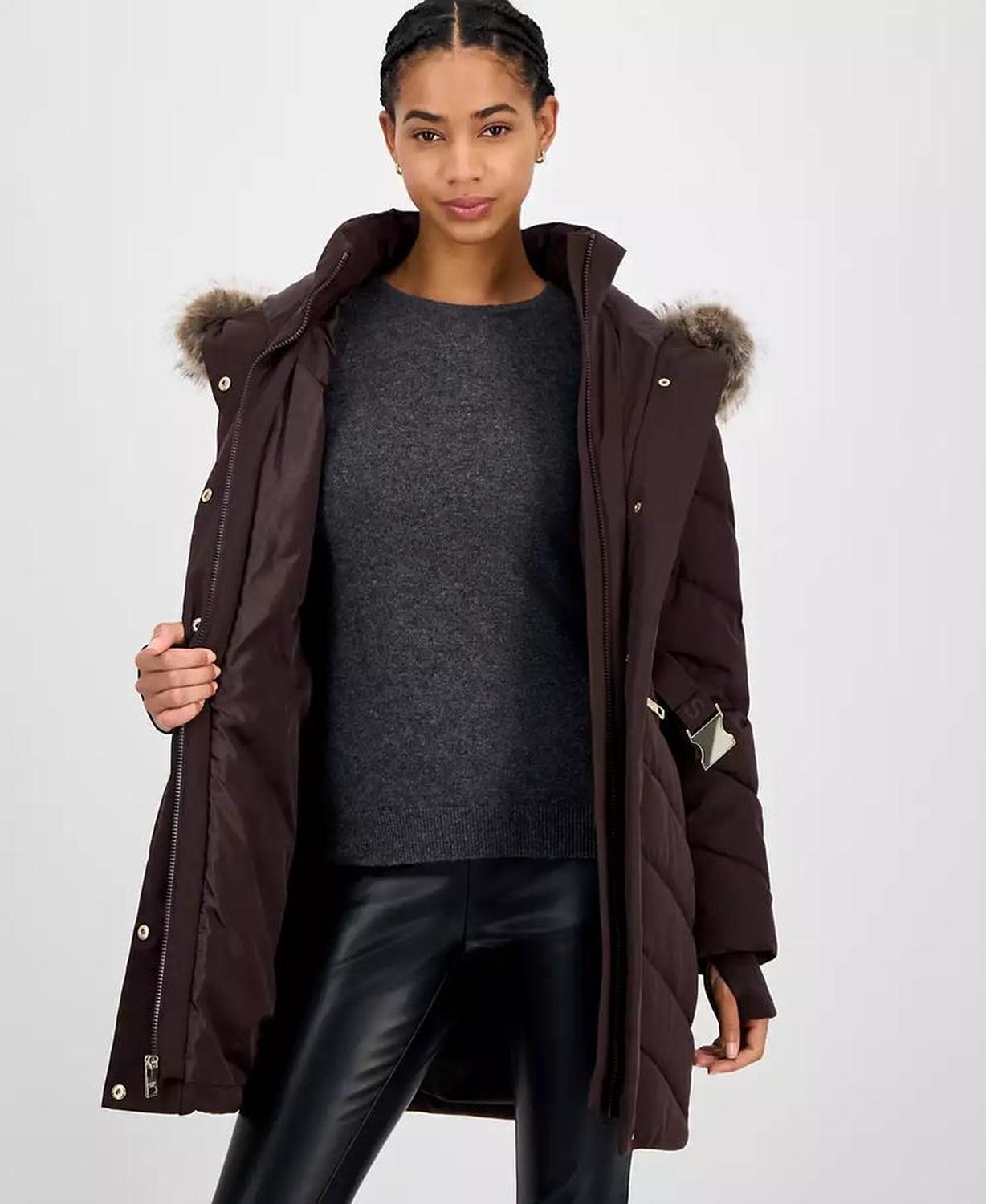 Women's Faux-Fur-Trim Hooded Belted Puffer Coat
