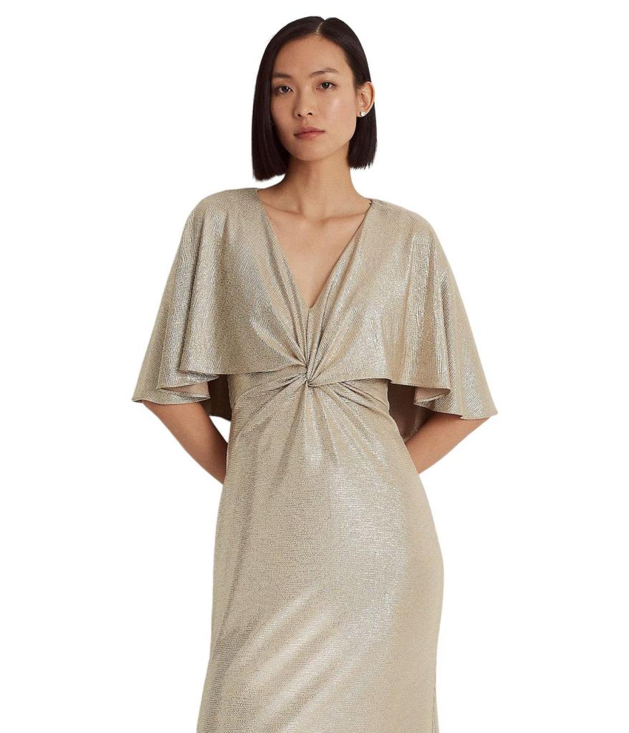 Foil-Print Jersey Cape Gown