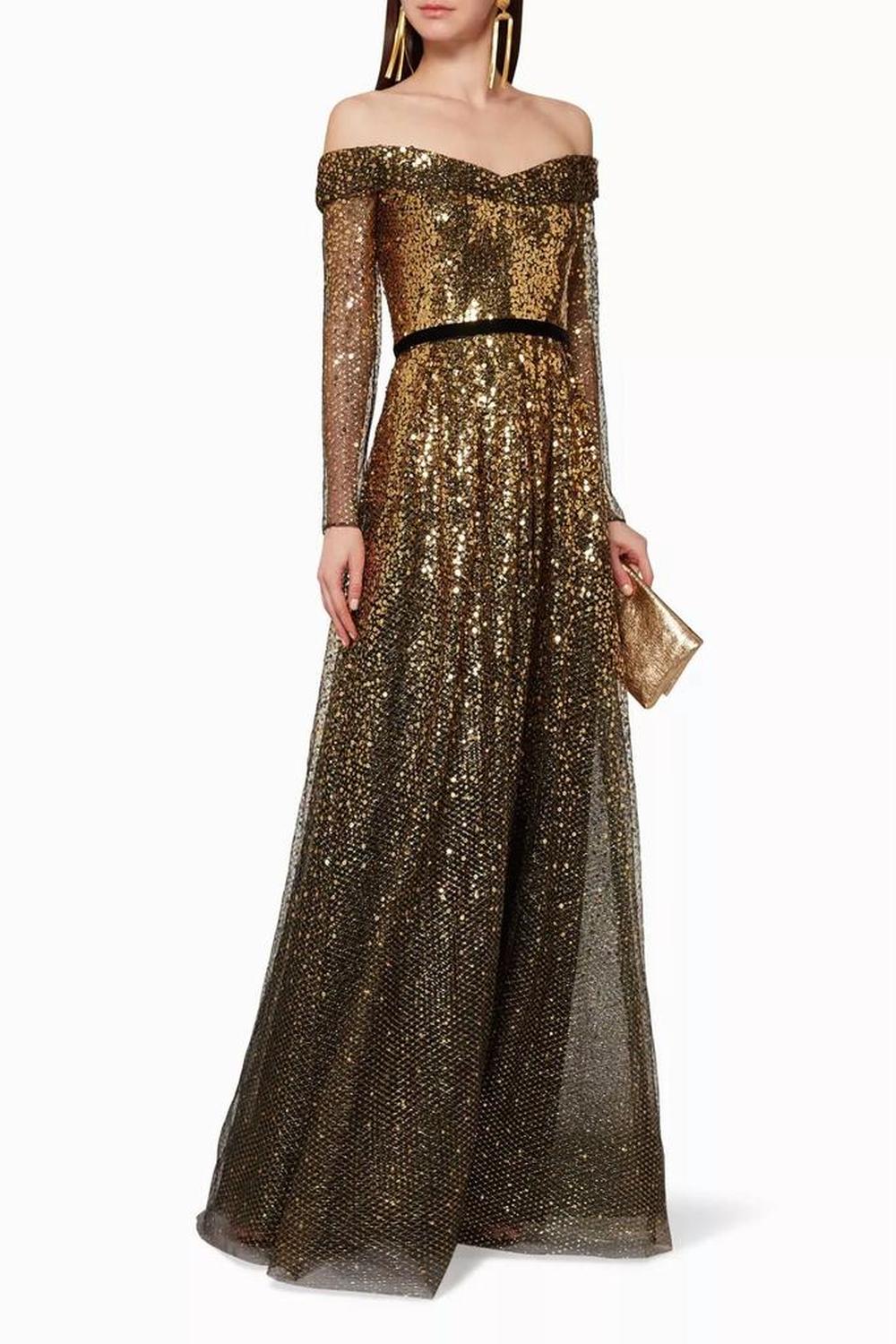 Off The Shoulder Long Sleeve Ombré Sequin Gown In Gold