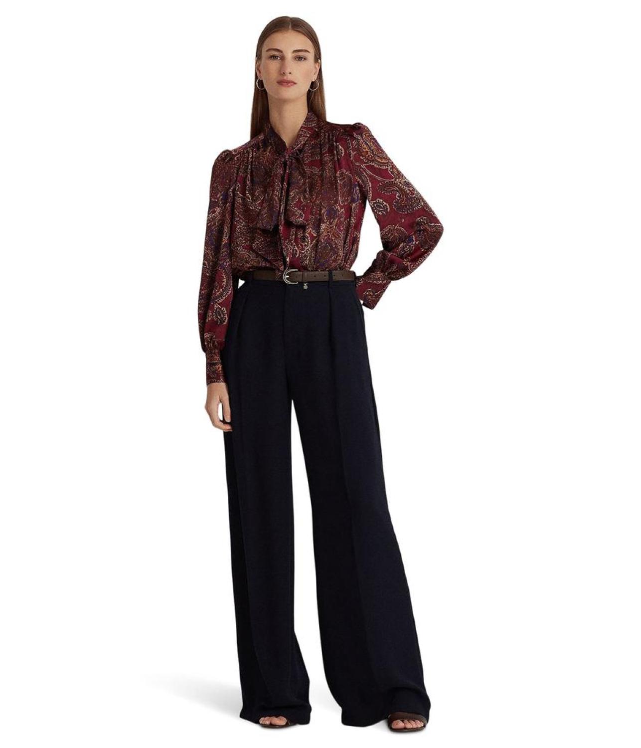 Paisley Satin Charmeuse Tie-Neck Blouse