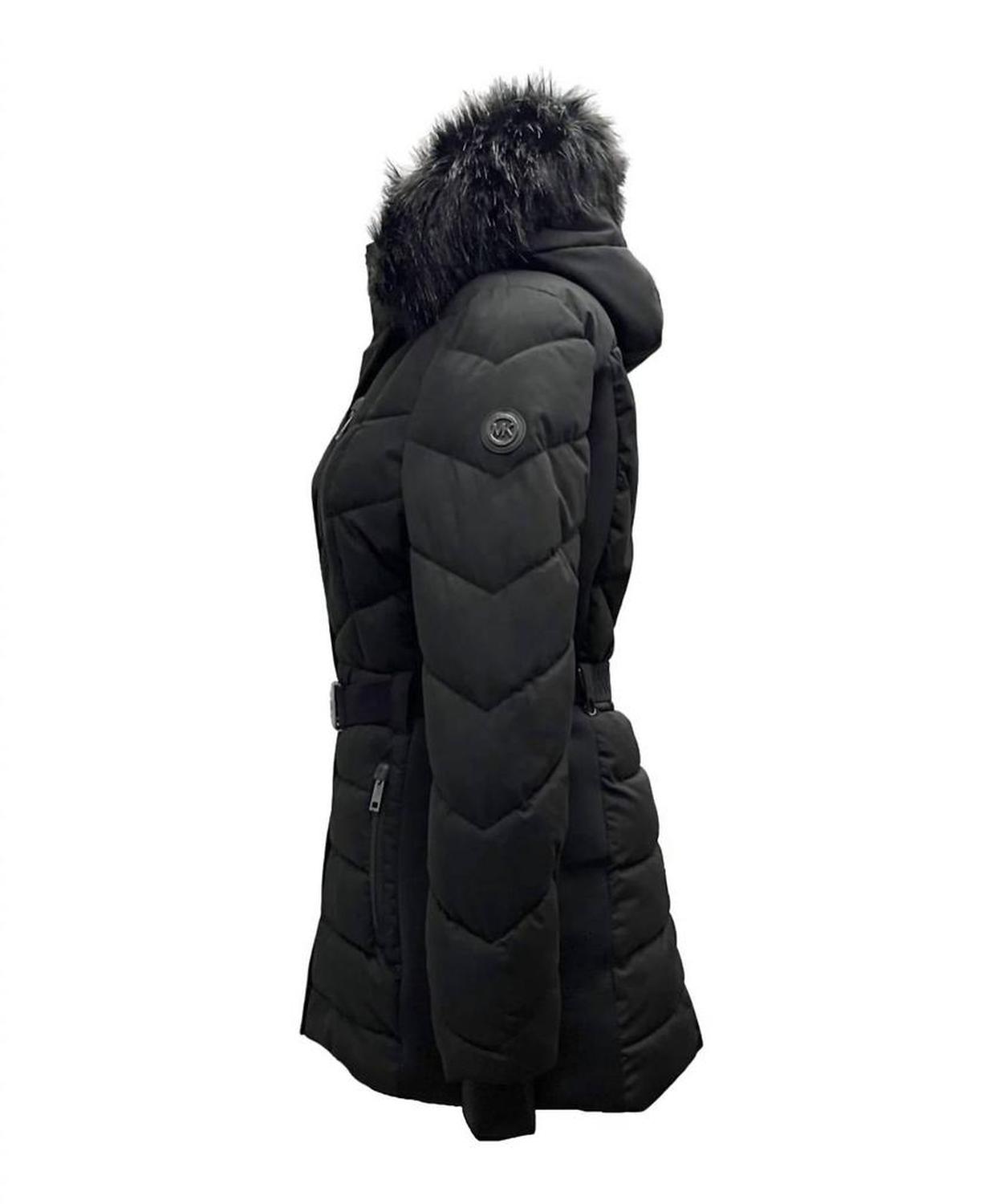 Belted Faux-Fur-Trim Hooded Puffer Coat In Black