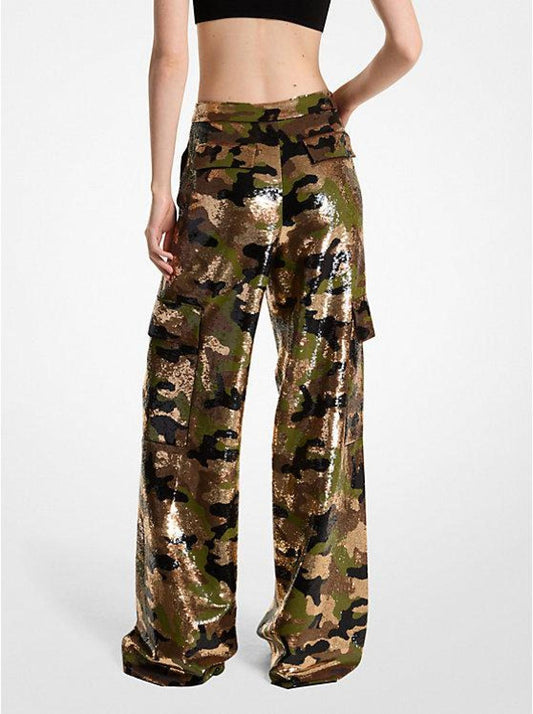 Sequined Camouflage Wide-Leg Cargo Pants