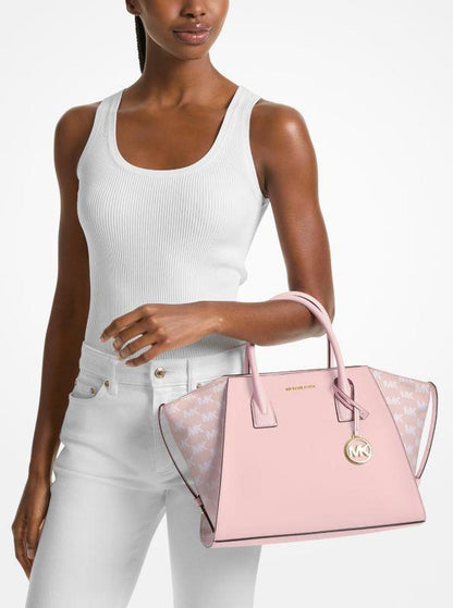 Avril Large Leather and Logo Jacquard Satchel