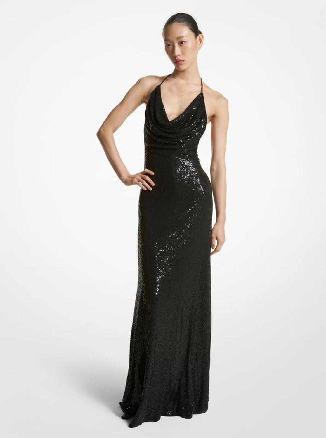 Hand-Embroidered Sequin Viscose Cowl Gown